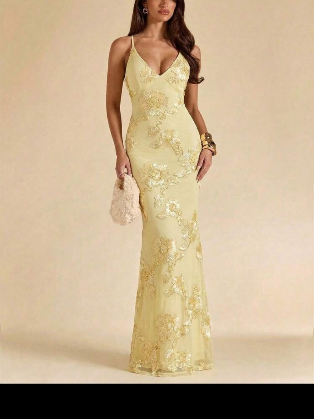Elegant Pale Yellow Embroidered Spaghetti-Strap Evening Gown